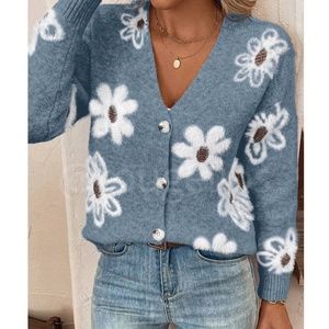 Blue Cardigan Knit Flower Textured Button Front Stretchy, Soft